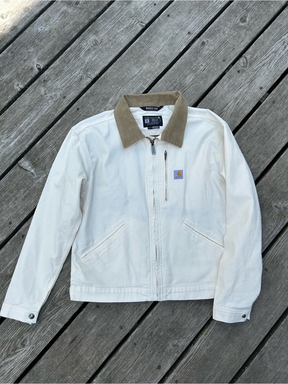 Carhartt White Canvas Jacket with Brown Cord Collar